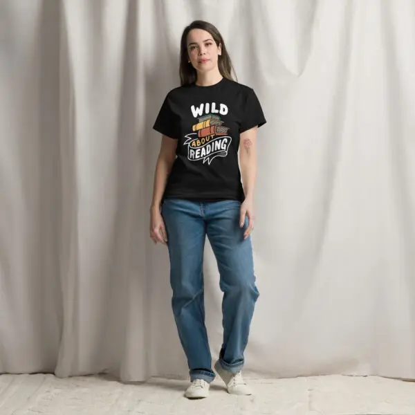 Wild About Reading book lover t-shirt in black, worn by a model