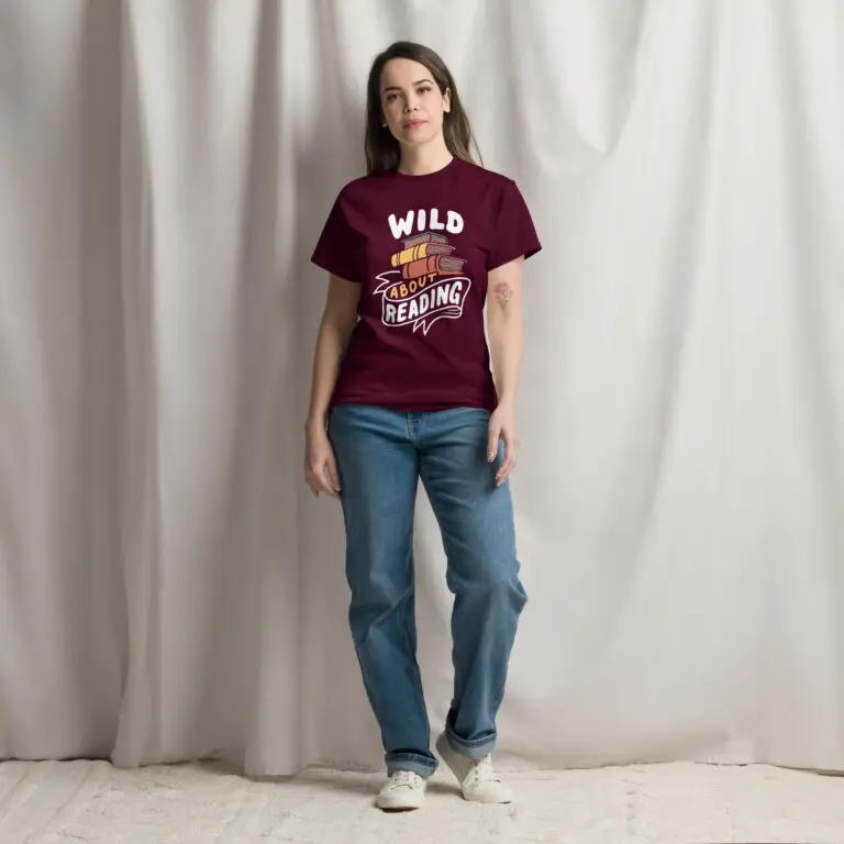 Wild About Reading book lover t-shirt in maroon, worn by a model