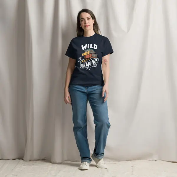 Wild About Reading book lover t-shirt in navy, worn by a model